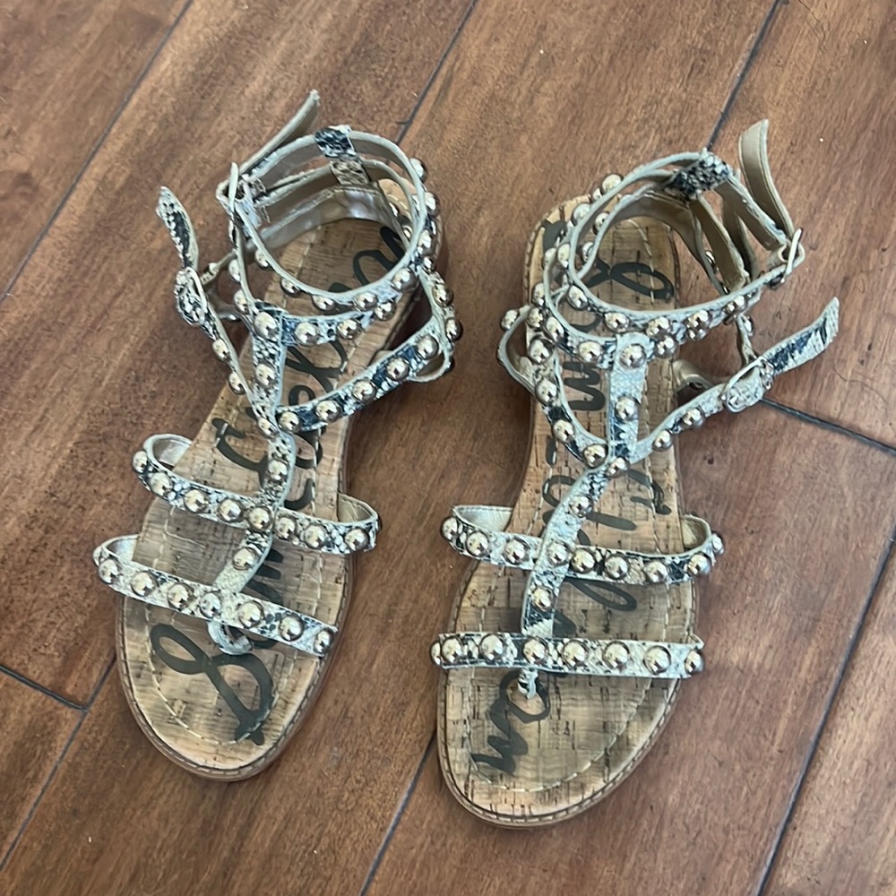 Sam Edelman Gladiator Gold Studded Ankle Wrap Snakeskin Sandals